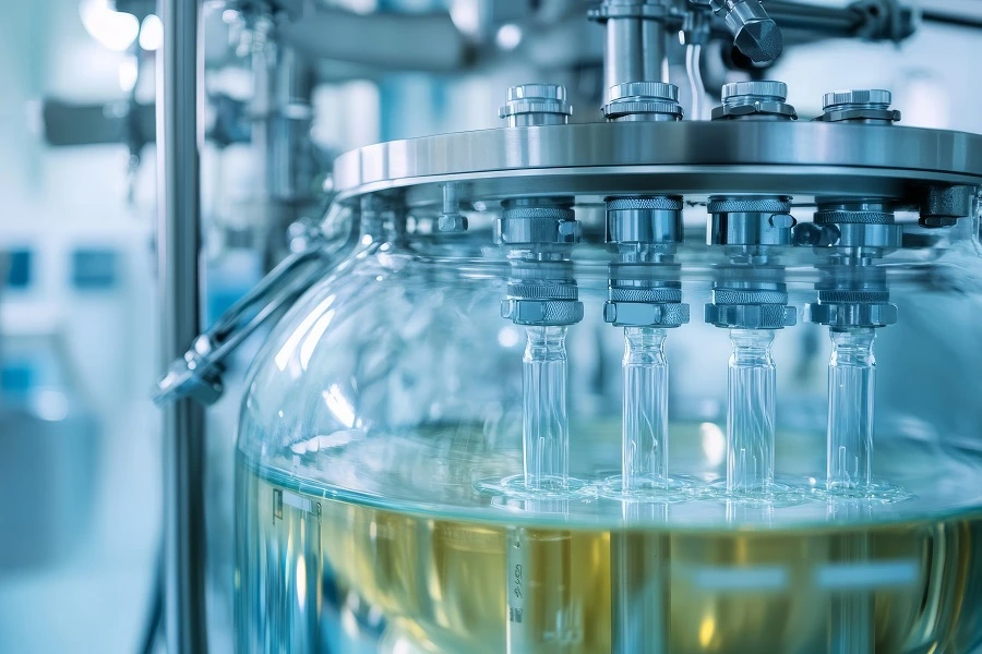 yellow liquid in transparent bioreactor in lab